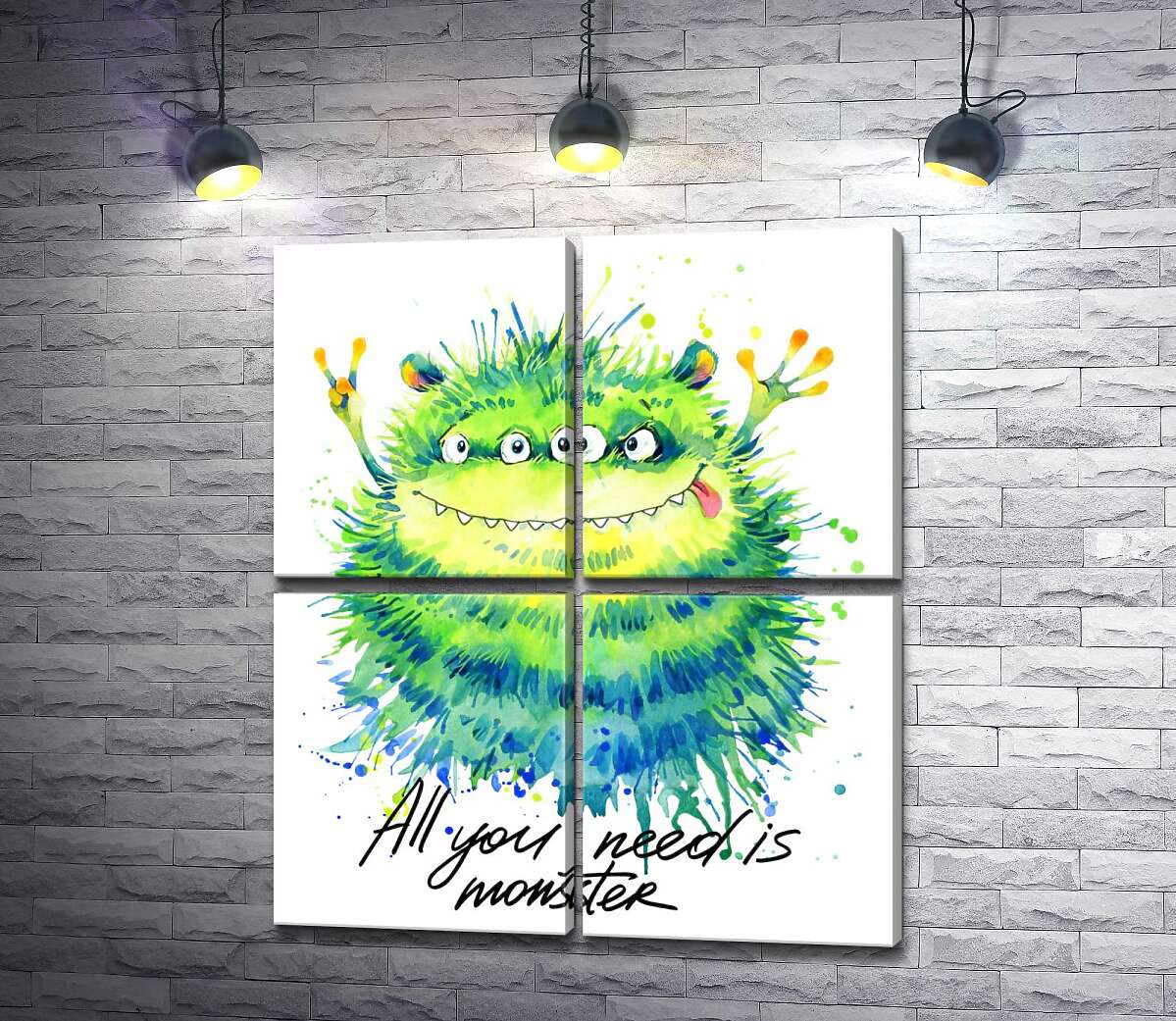 модульная картина Зеленый четырехглазый монстр с надписью "all you need is monster" (Модуль №25)