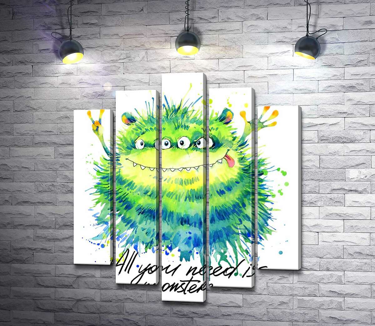 модульная картина Зеленый четырехглазый монстр с надписью "all you need is monster" (Модуль №4)