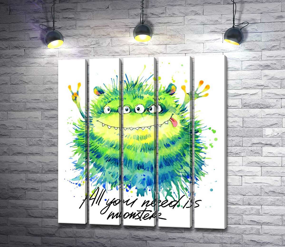 модульная картина Зеленый четырехглазый монстр с надписью "all you need is monster" (Модуль №26)