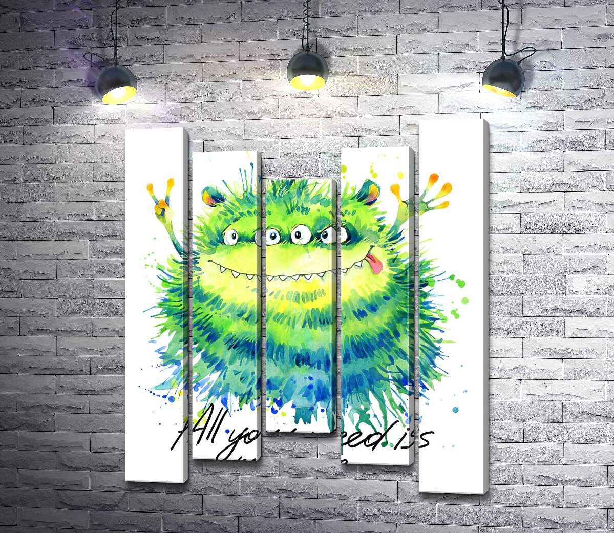 модульна картина Зелений чотириокий монстр з написом "all you need is monster" (Модуль №27)