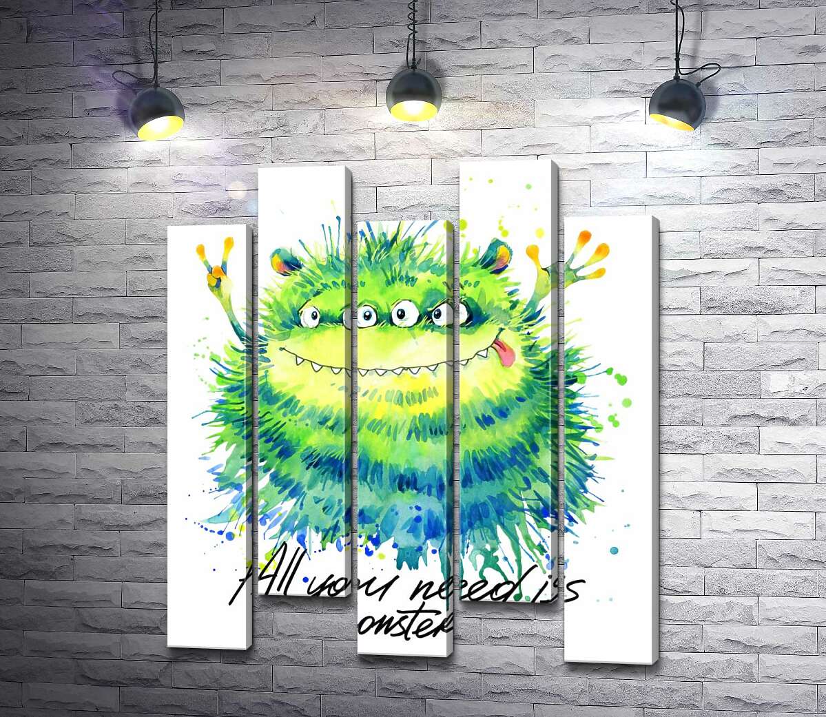 модульна картина Зелений чотириокий монстр з написом "all you need is monster" (Модуль №30)