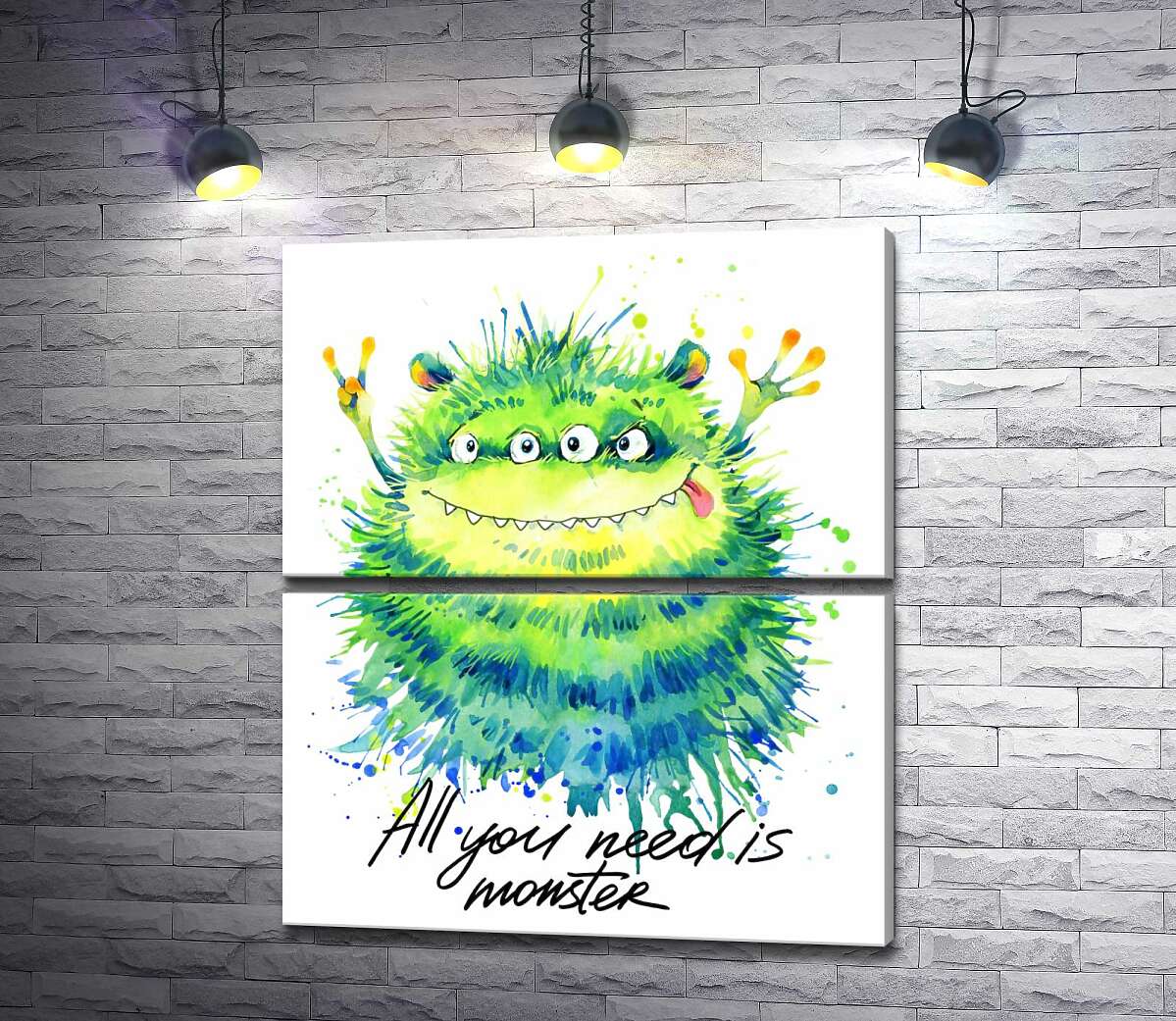 модульна картина Зелений чотириокий монстр з написом "all you need is monster" (Модуль №7)
