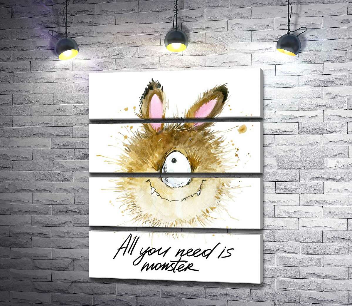 модульная картина Пушистый циклоп с заячьими ушами и надписью "all you need is monster" (Модуль №22)