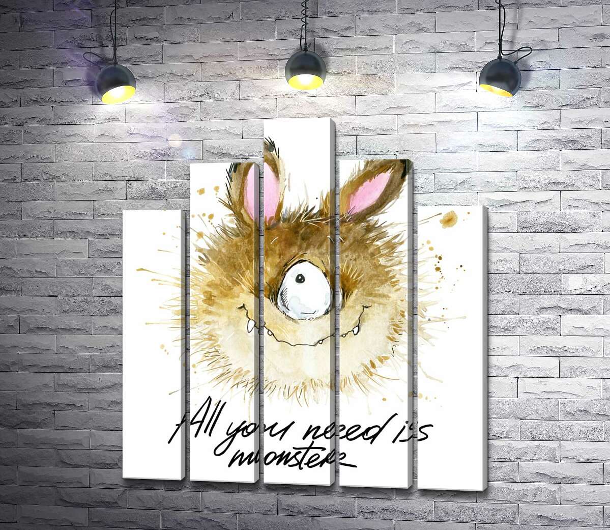 модульная картина Пушистый циклоп с заячьими ушами и надписью "all you need is monster" (Модуль №29)