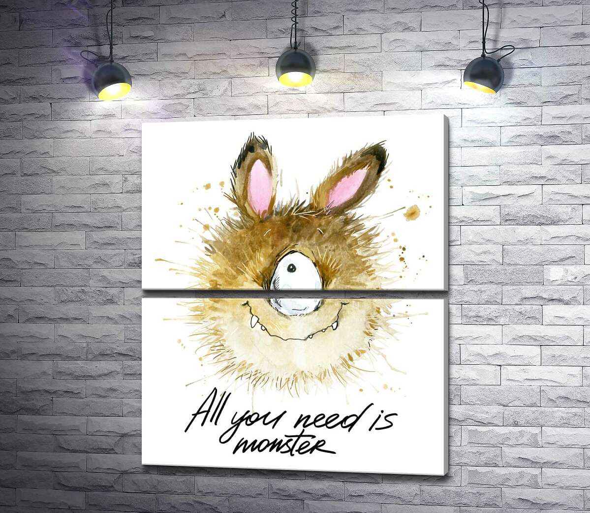 модульная картина Пушистый циклоп с заячьими ушами и надписью "all you need is monster" (Модуль №7)