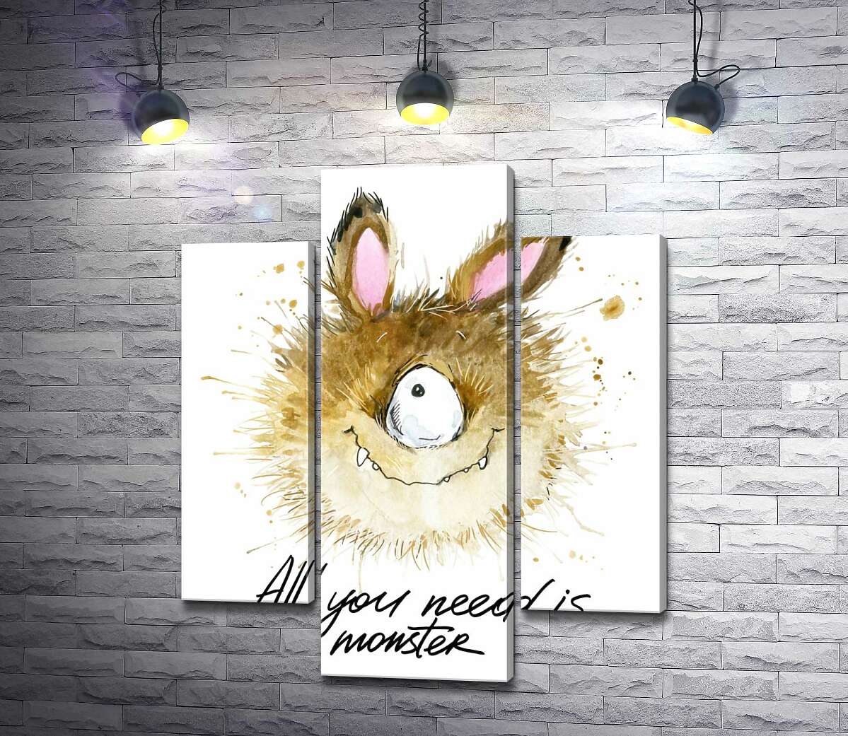 модульная картина Пушистый циклоп с заячьими ушами и надписью "all you need is monster" (Модуль №10)