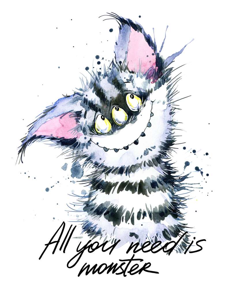 картина-постер Полосатый монстр с кошачьей мордашкой и надписью "all you need is monster"