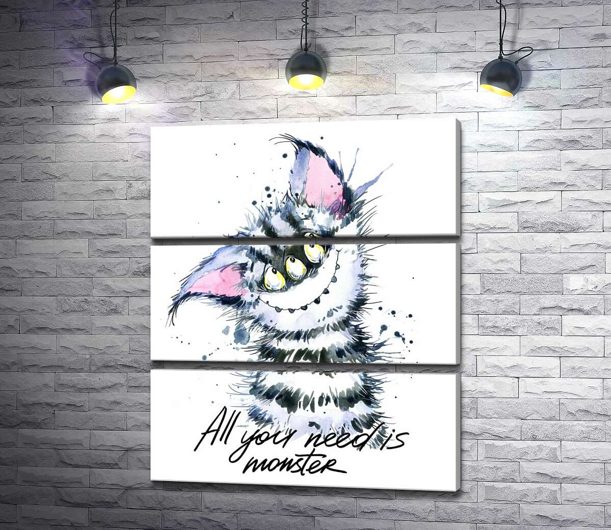 модульна картина Смугастий монстр з котячою мордочкою та написом "all you need is monster" (Модуль №15)