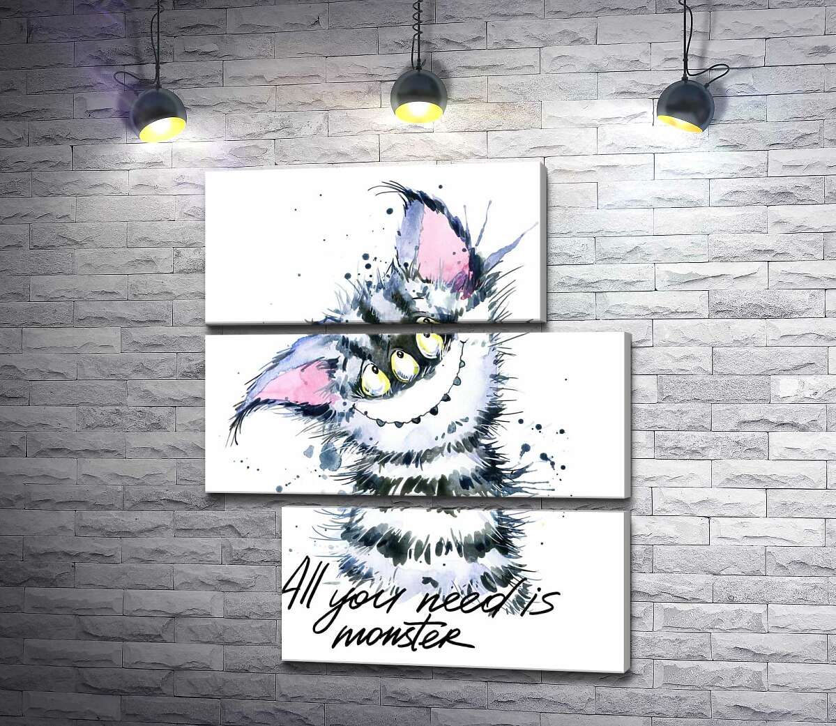 модульна картина Смугастий монстр з котячою мордочкою та написом "all you need is monster" (Модуль №16)