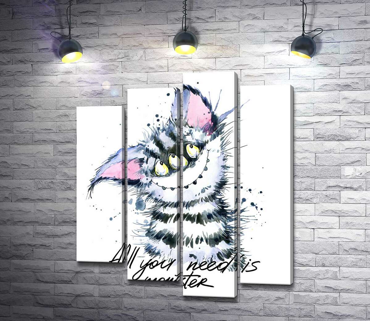 модульна картина Смугастий монстр з котячою мордочкою та написом "all you need is monster" (Модуль №3)