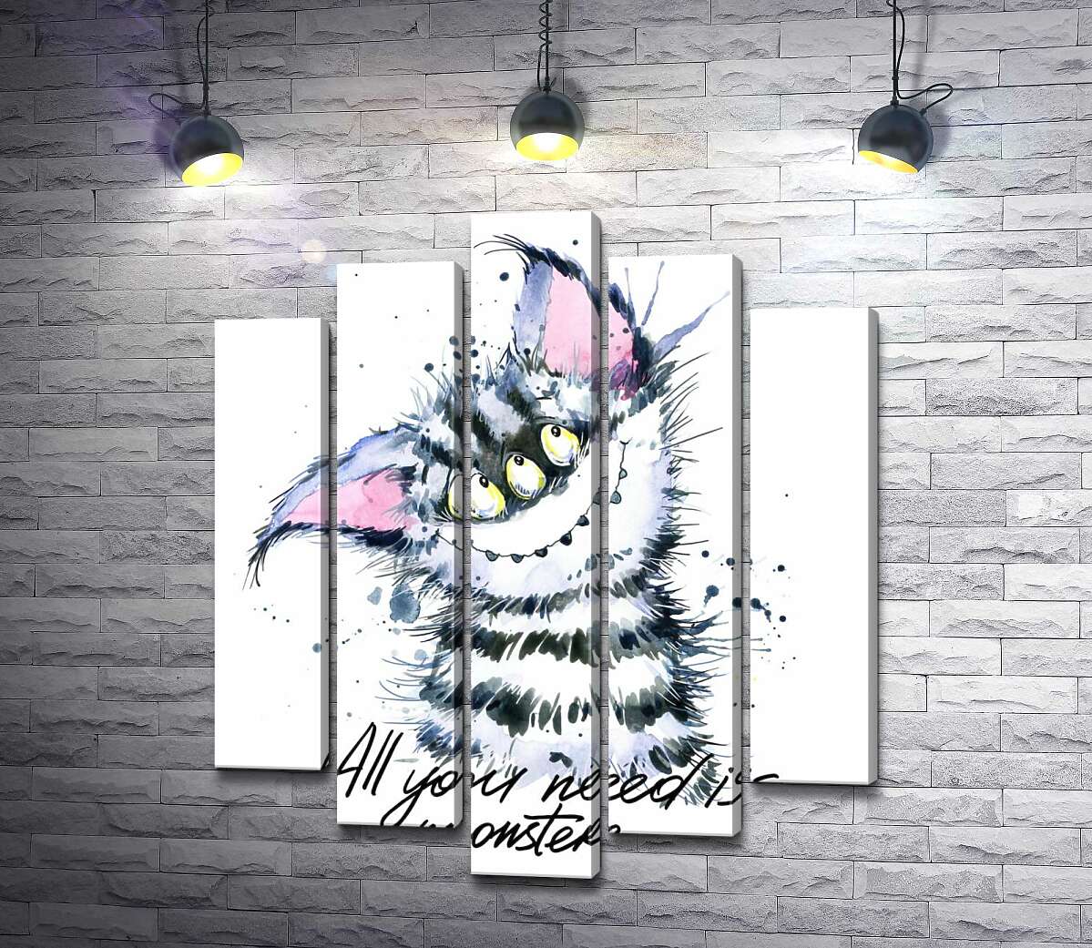 модульна картина Смугастий монстр з котячою мордочкою та написом "all you need is monster" (Модуль №4)