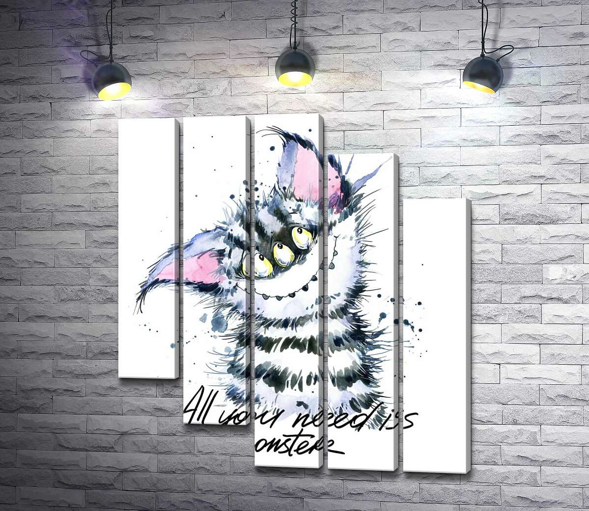 модульна картина Смугастий монстр з котячою мордочкою та написом "all you need is monster" (Модуль №28)