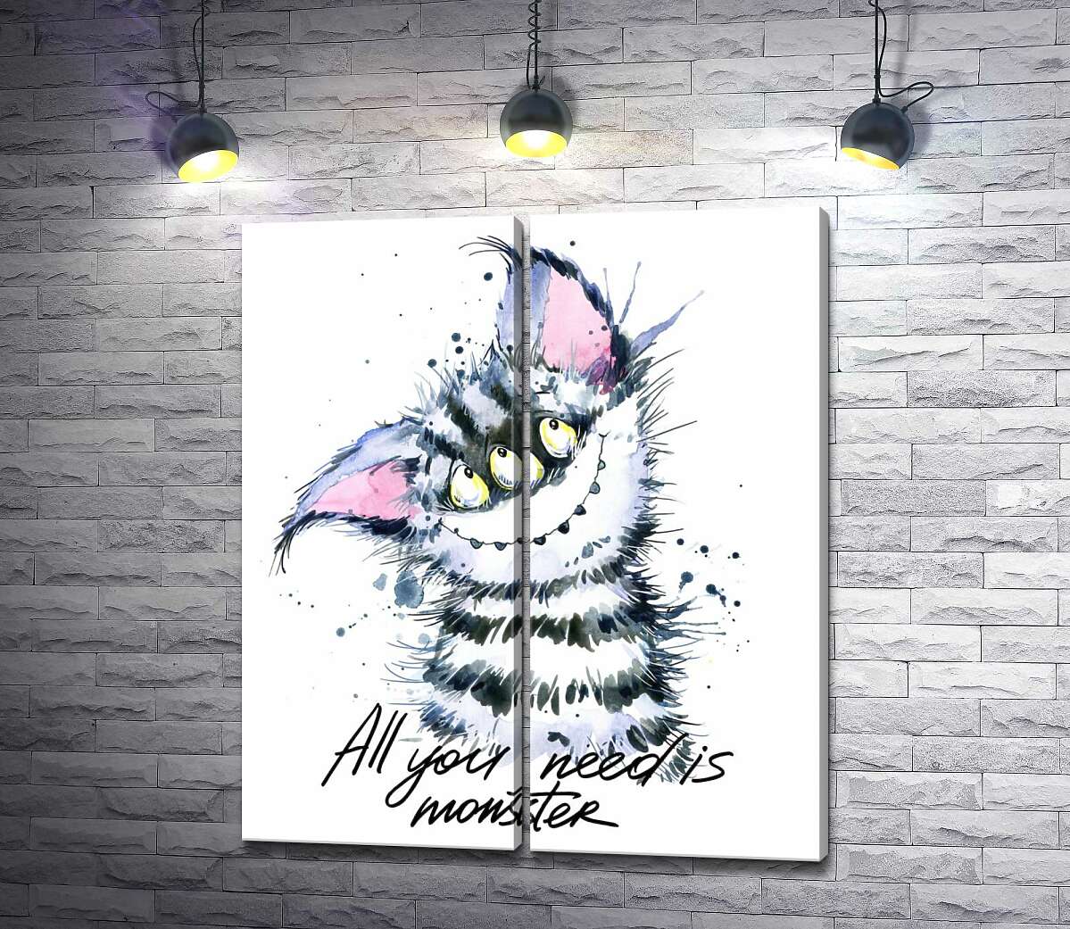 модульная картина Полосатый монстр с кошачьей мордашкой и надписью "all you need is monster"