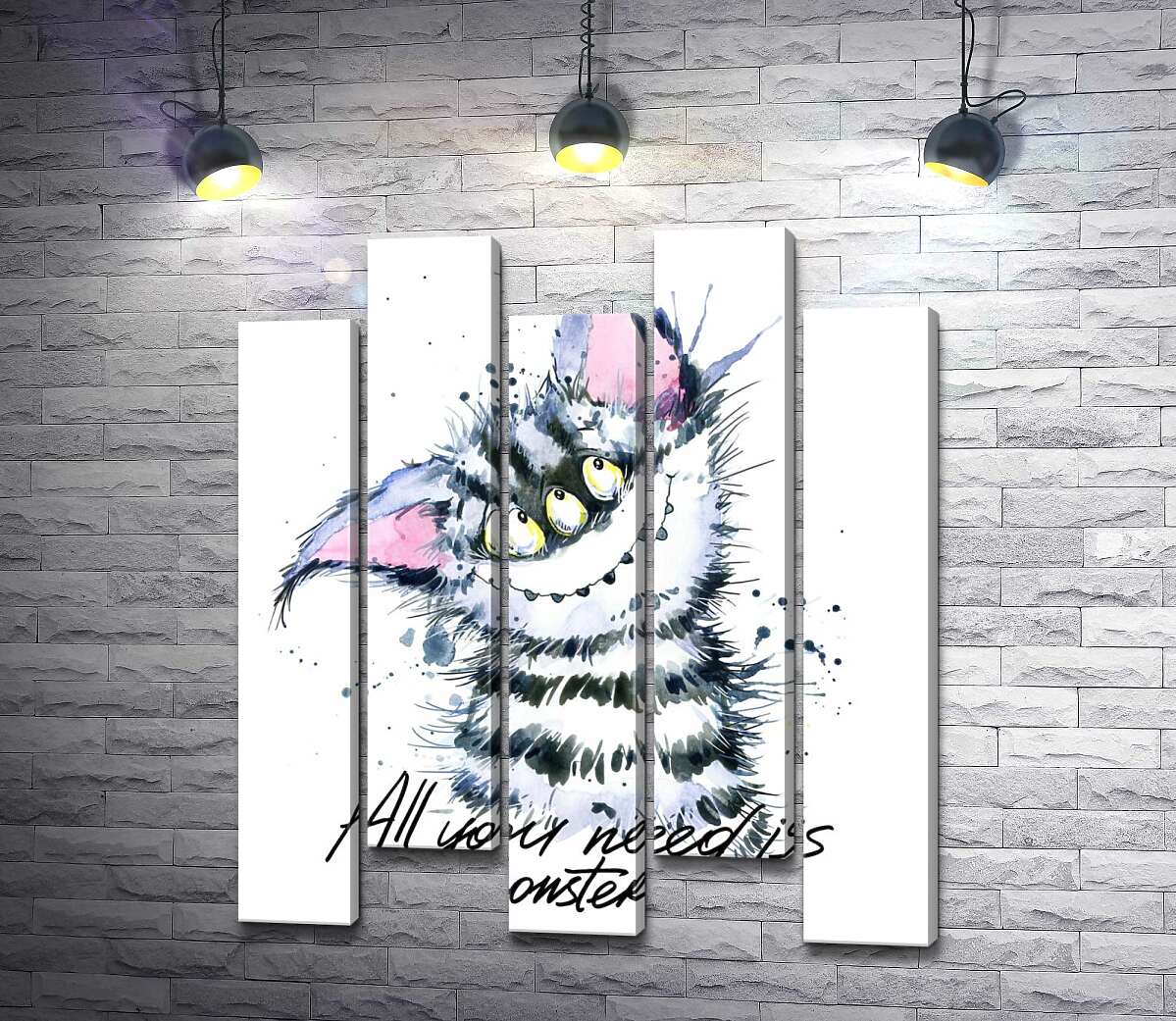 модульна картина Смугастий монстр з котячою мордочкою та написом "all you need is monster" (Модуль №30)