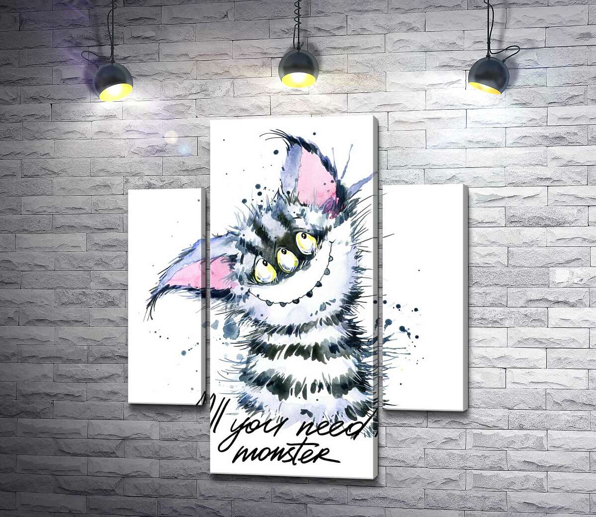 модульна картина Смугастий монстр з котячою мордочкою та написом "all you need is monster" (Модуль №5)