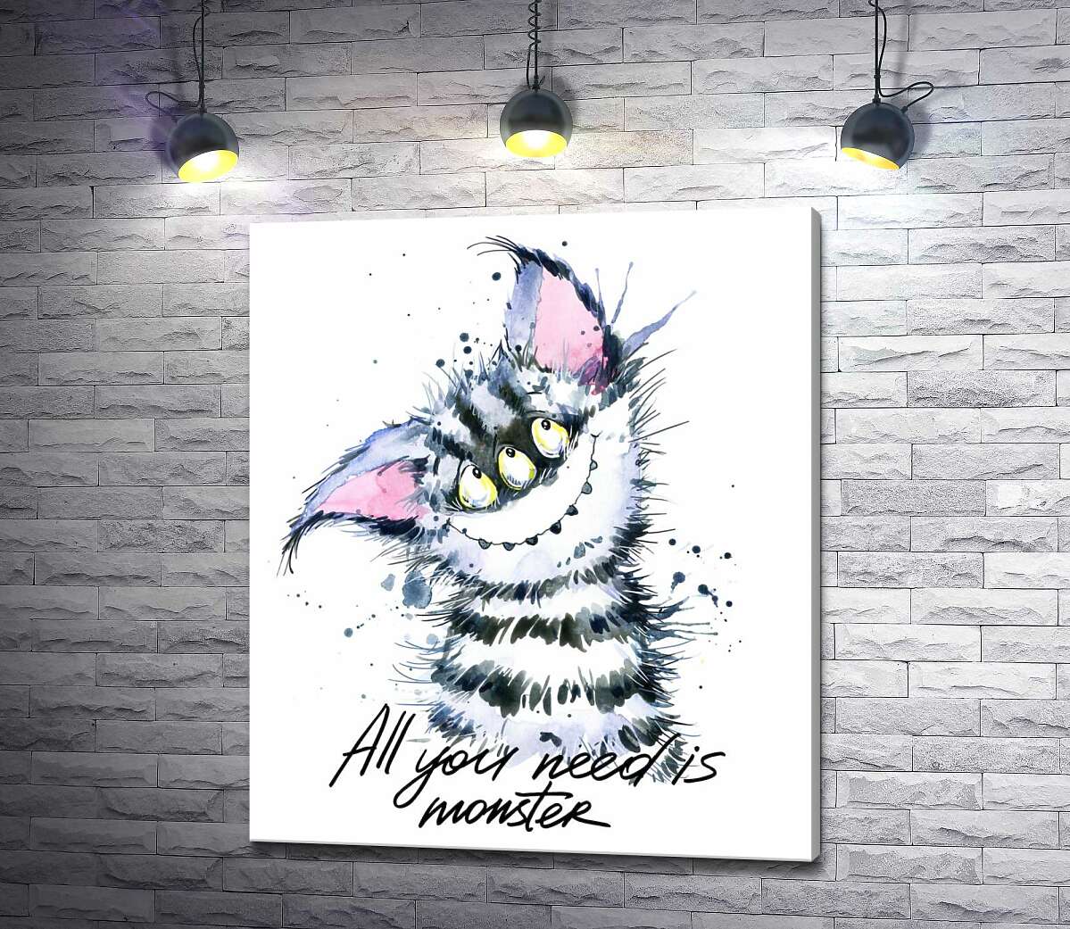 картина Смугастий монстр з котячою мордочкою та написом "all you need is monster"
