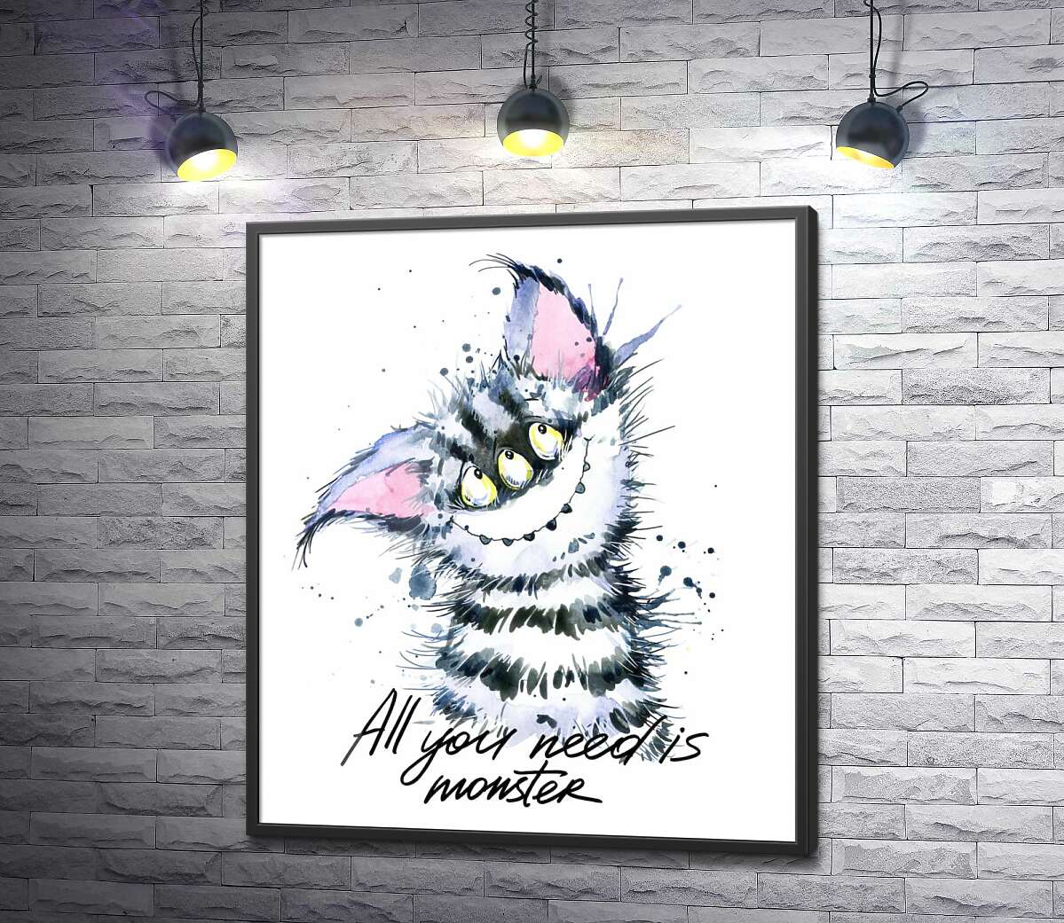 постер Полосатый монстр с кошачьей мордашкой и надписью "all you need is monster"
