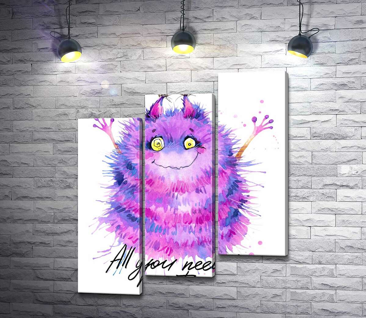 модульная картина Пушистый фиолетовый монстр с надписью "all you need is monster" (Модуль №14)