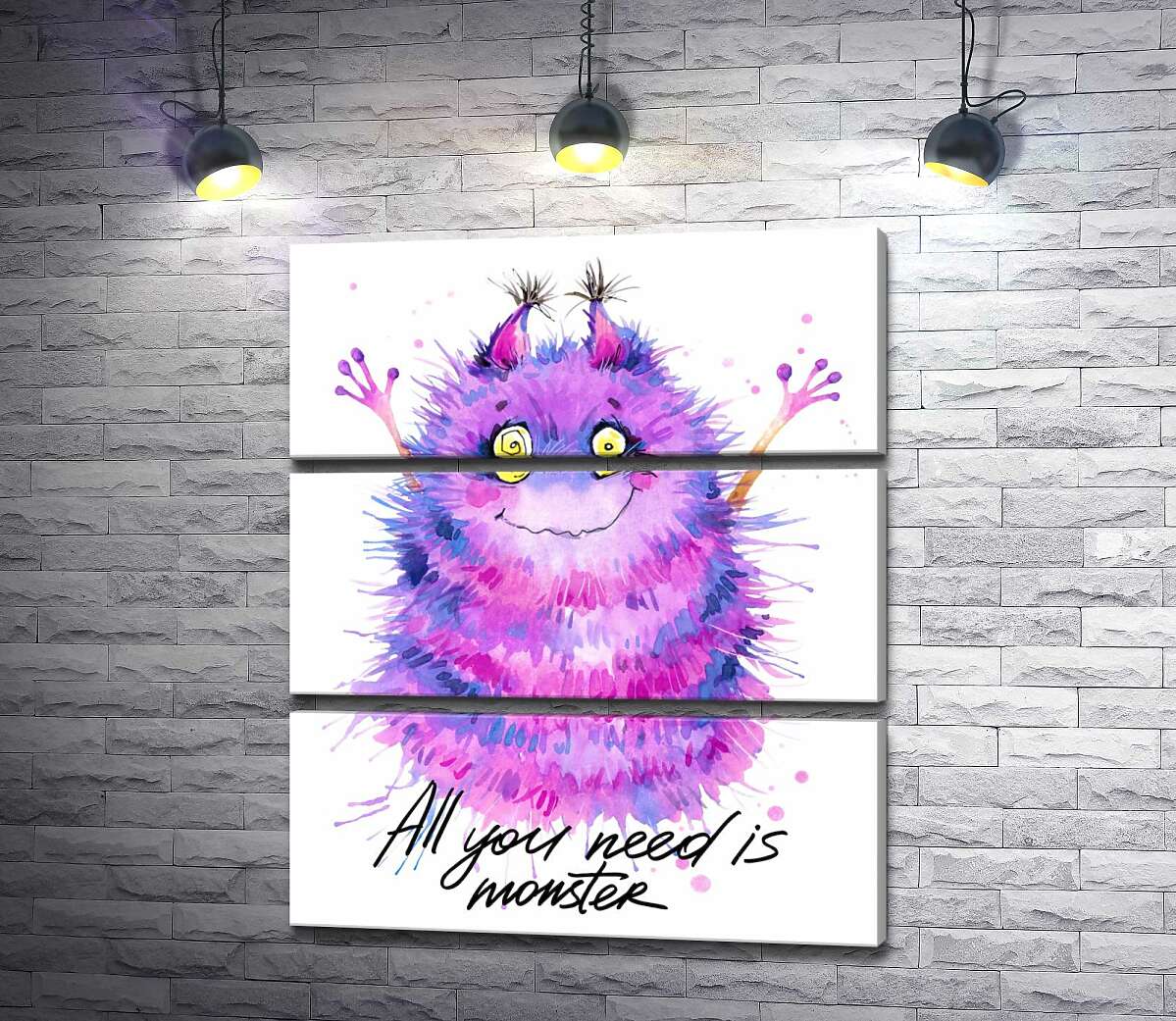 модульная картина Пушистый фиолетовый монстр с надписью "all you need is monster" (Модуль №15)