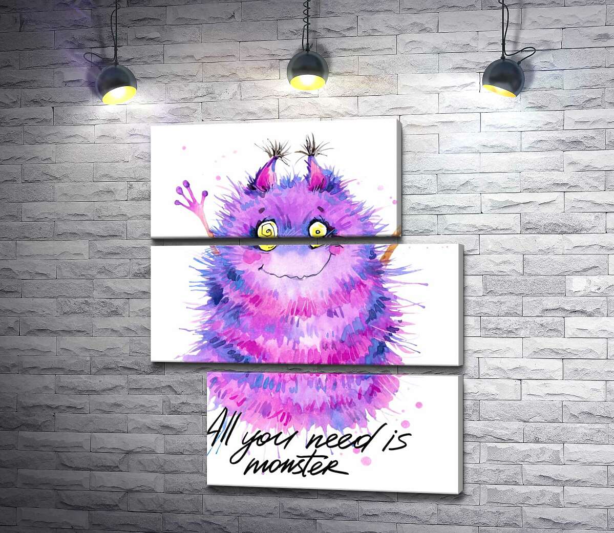 модульна картина Пухнастий фіолетовий монстр із написом "all you need is monster" (Модуль №16)