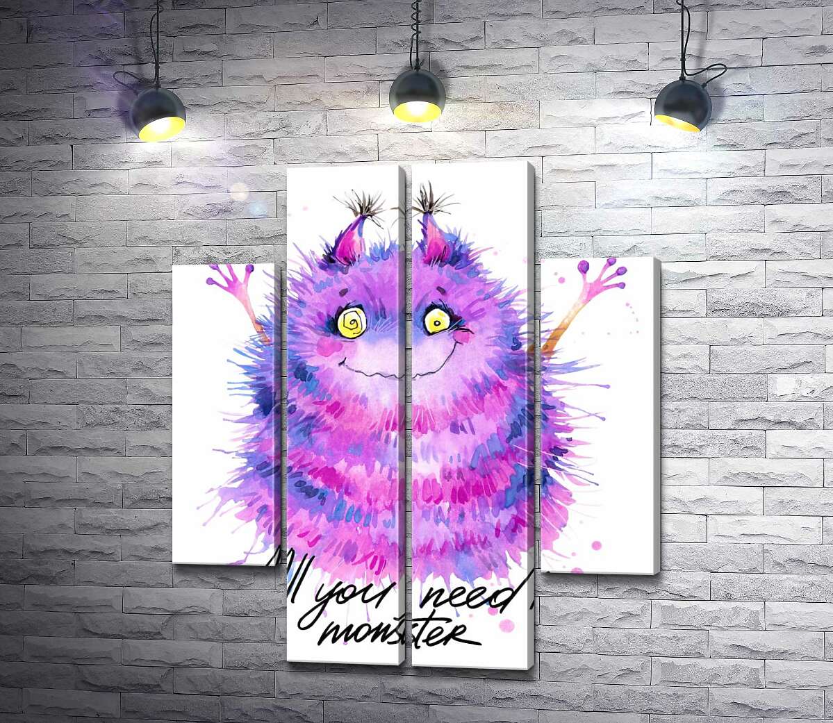 модульна картина Пухнастий фіолетовий монстр із написом "all you need is monster" (Модуль №20)