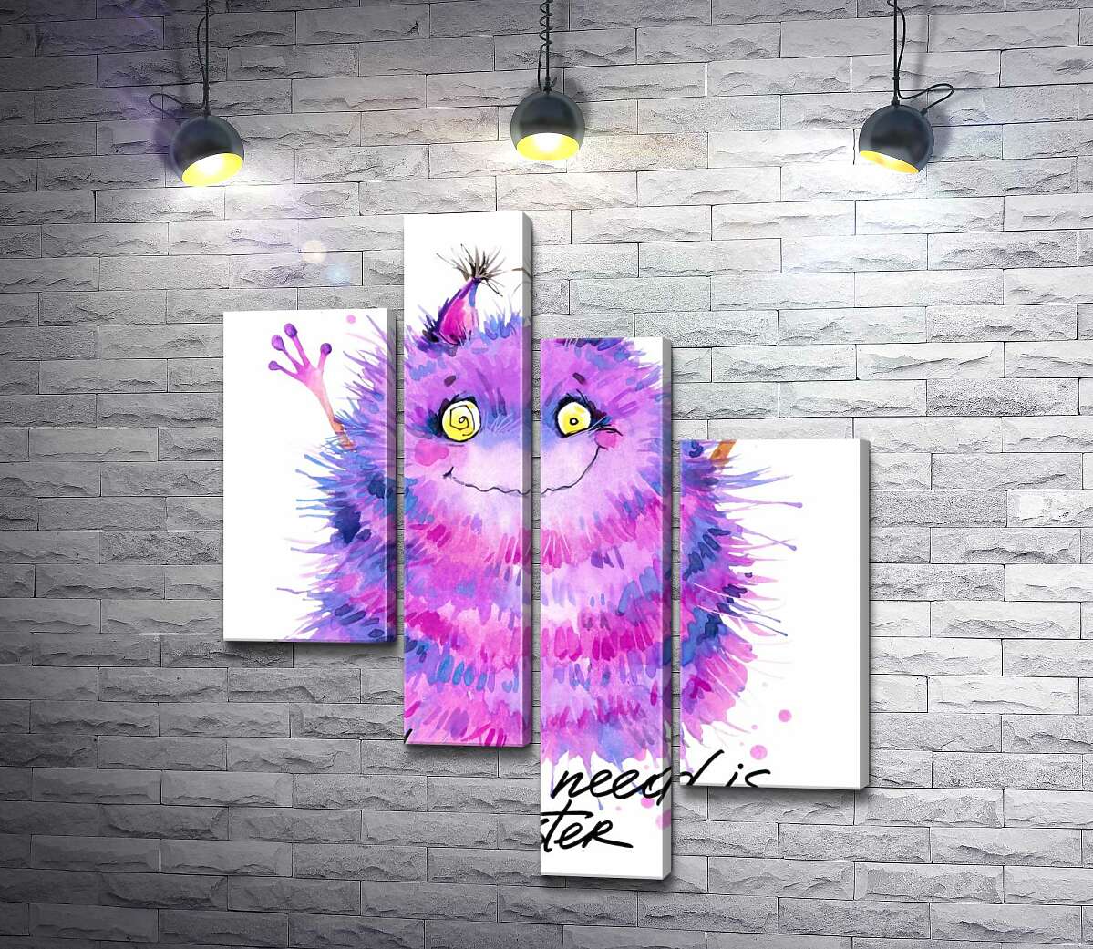 модульная картина Пушистый фиолетовый монстр с надписью "all you need is monster" (Модуль №21)