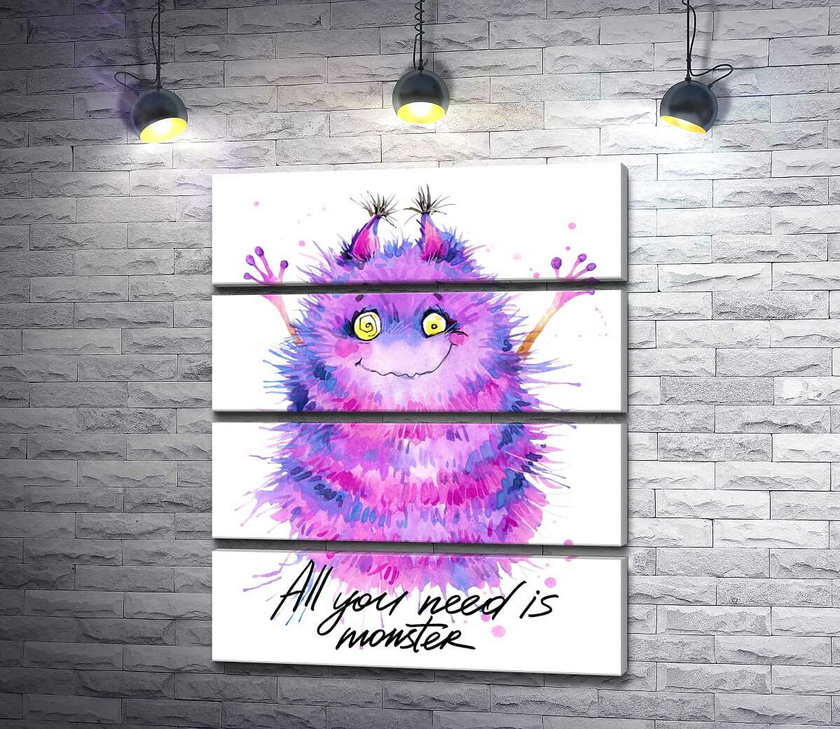 модульная картина Пушистый фиолетовый монстр с надписью "all you need is monster" (Модуль №22)