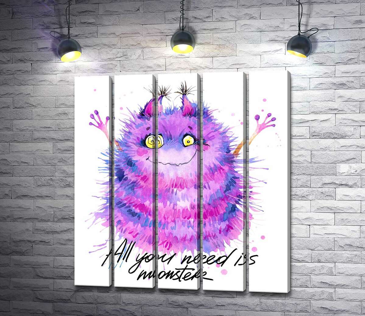 модульная картина Пушистый фиолетовый монстр с надписью "all you need is monster" (Модуль №26)