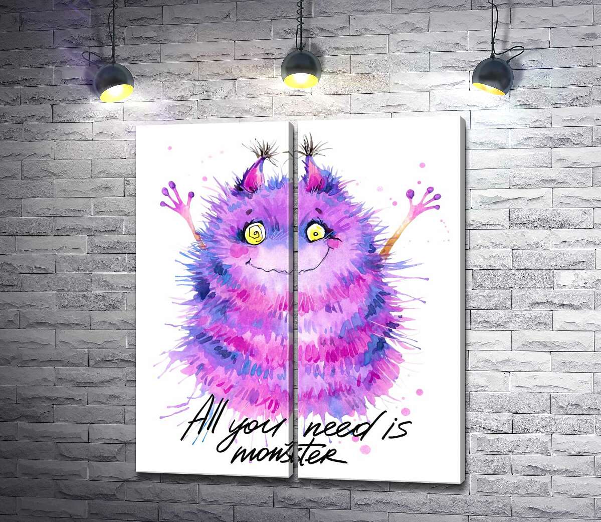модульная картина Пушистый фиолетовый монстр с надписью "all you need is monster" (Модуль №6)