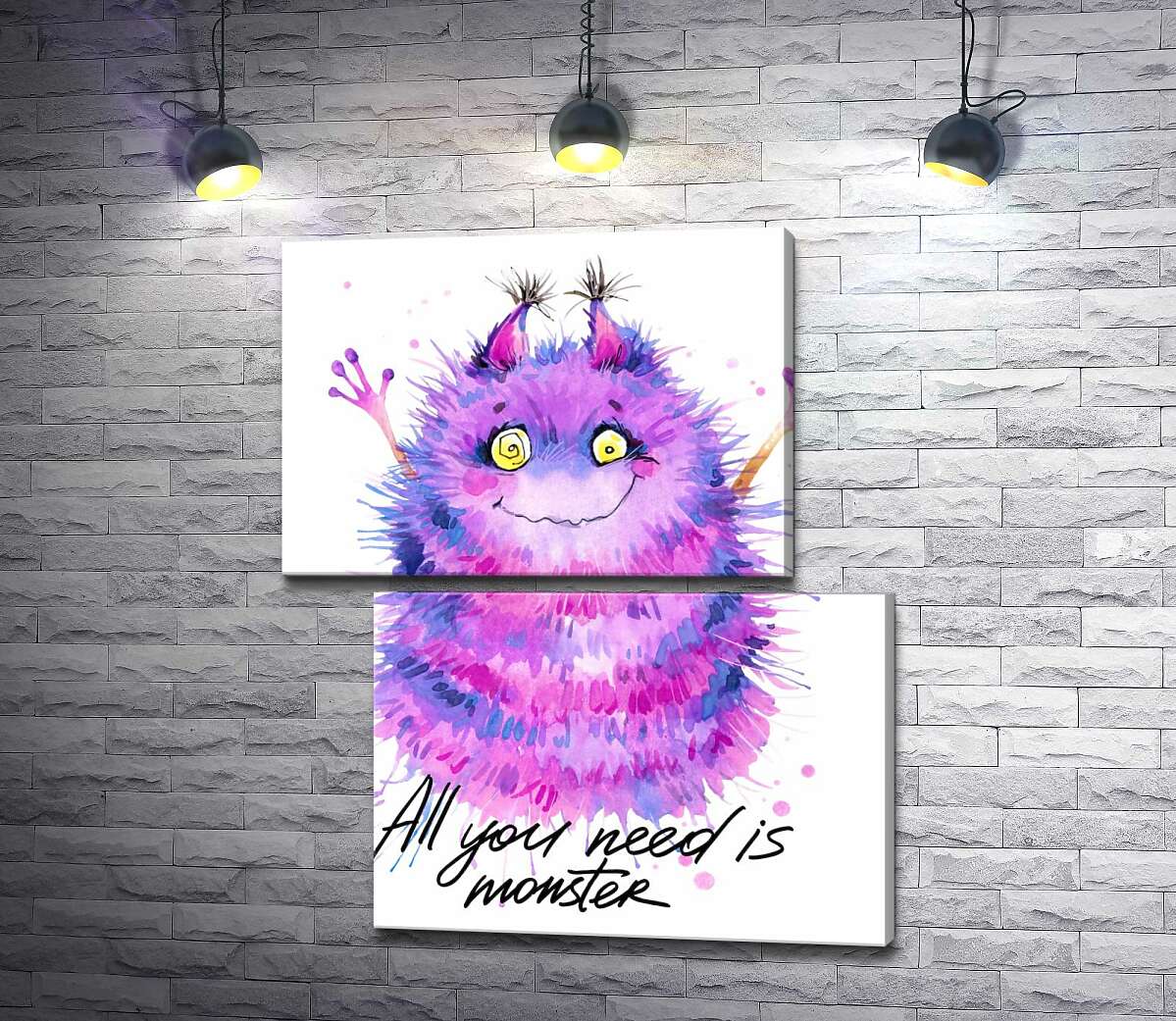 модульна картина Пухнастий фіолетовий монстр із написом "all you need is monster" (Модуль №8)