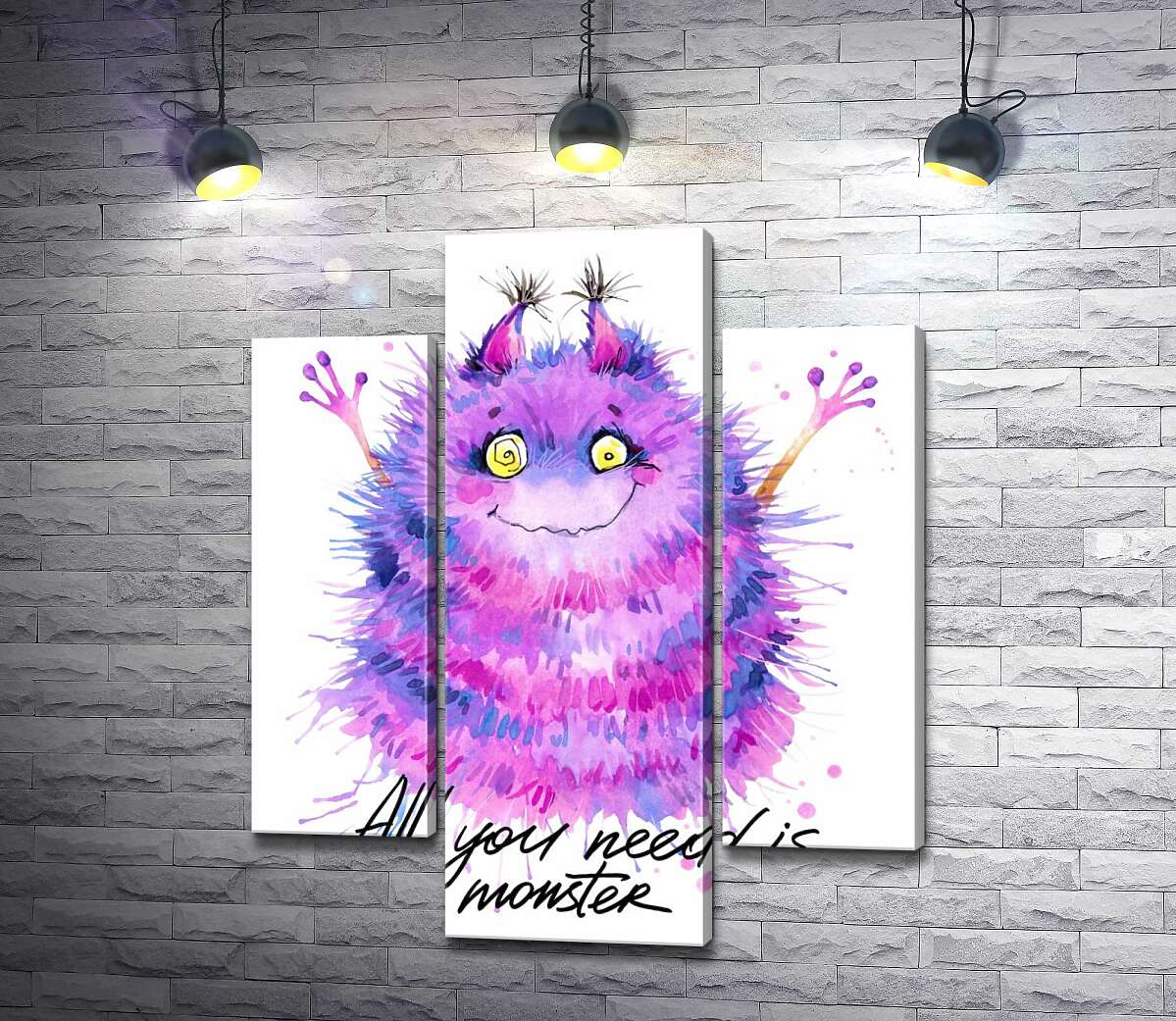модульна картина Пухнастий фіолетовий монстр із написом "all you need is monster" (Модуль №10)