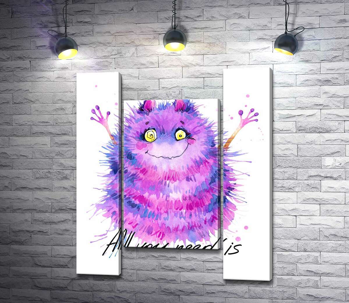 модульная картина Пушистый фиолетовый монстр с надписью "all you need is monster" (Модуль №11)
