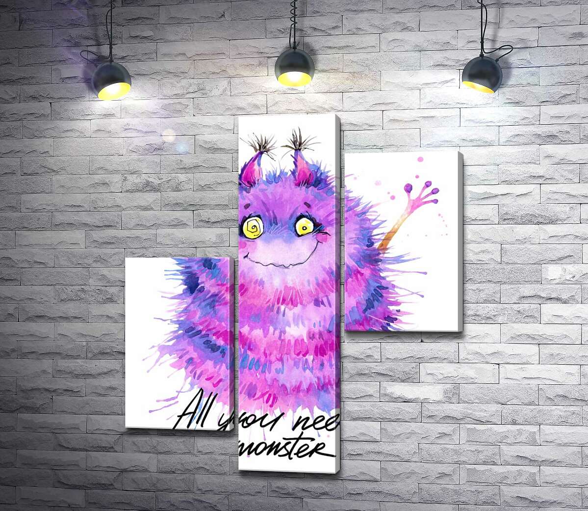модульная картина Пушистый фиолетовый монстр с надписью "all you need is monster" (Модуль №12)