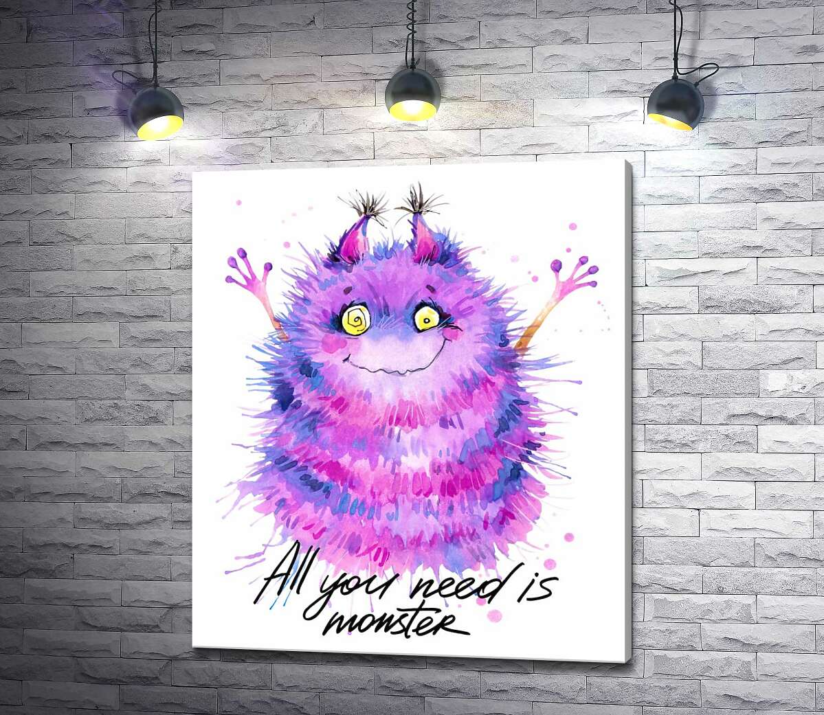 картина Пушистый фиолетовый монстр с надписью "all you need is monster"