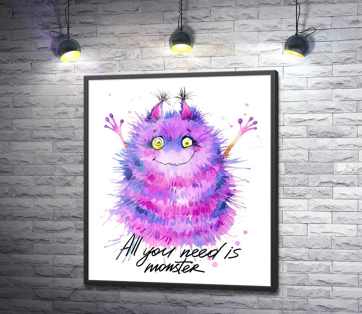 постер Пушистый фиолетовый монстр с надписью "all you need is monster"