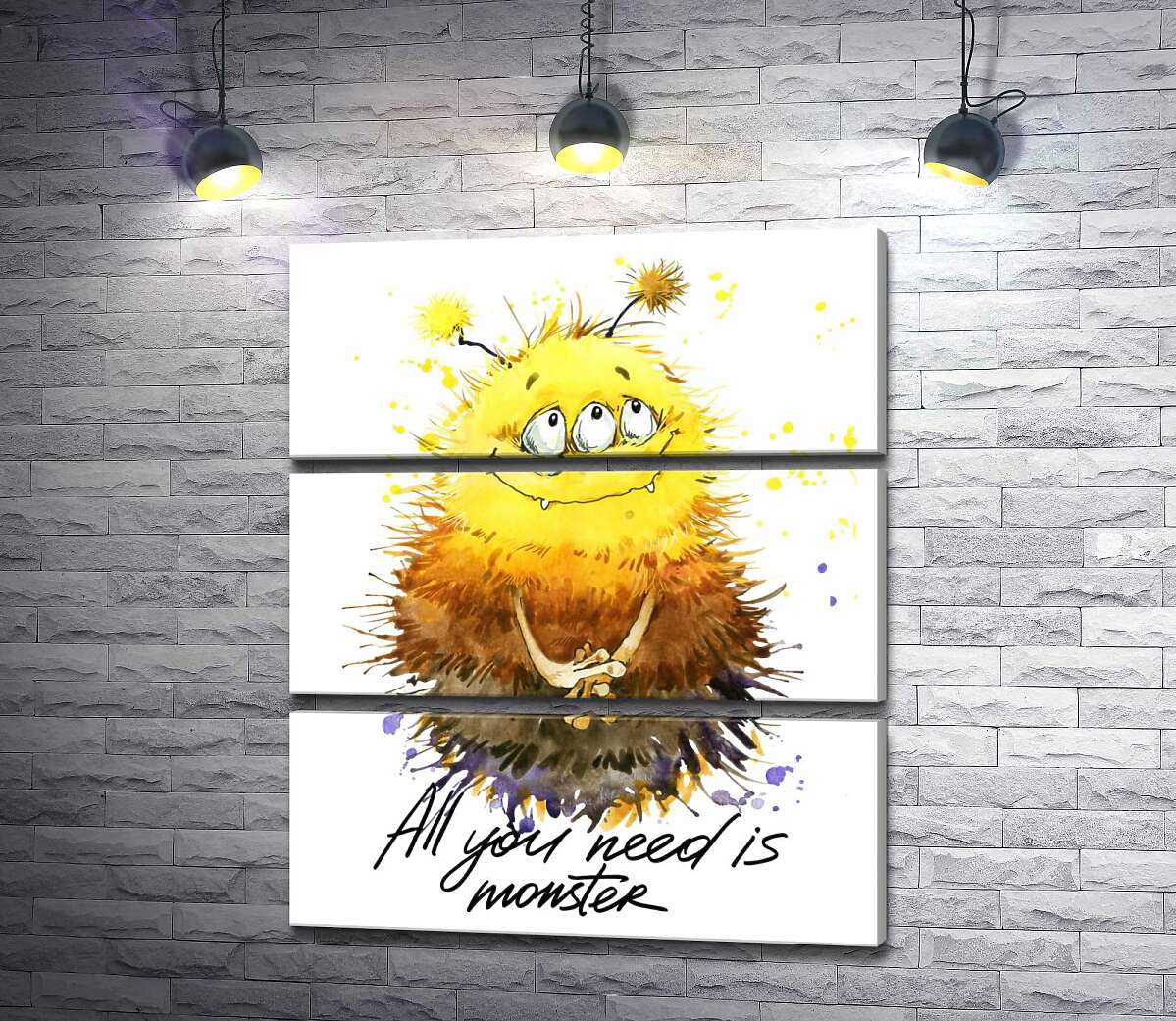 модульная картина Застенчивый пушистый монстр с надписью "all you need is monster" (Модуль №15)
