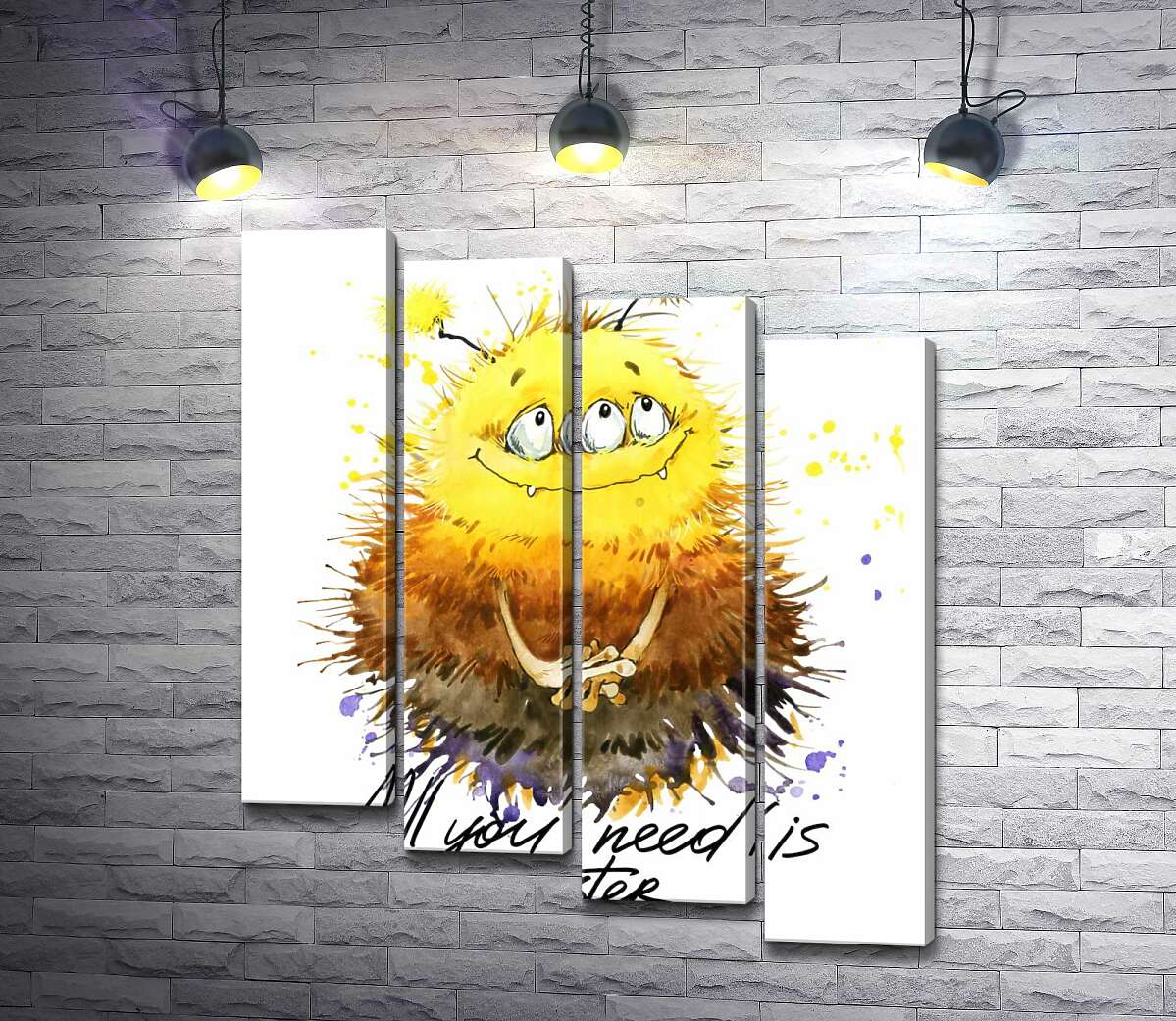 модульная картина Застенчивый пушистый монстр с надписью "all you need is monster" (Модуль №19)