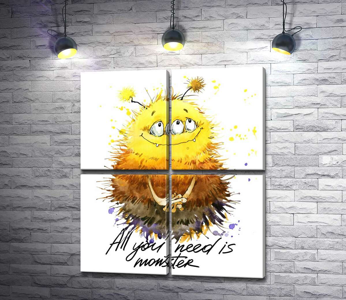 модульная картина Застенчивый пушистый монстр с надписью "all you need is monster" (Модуль №25)