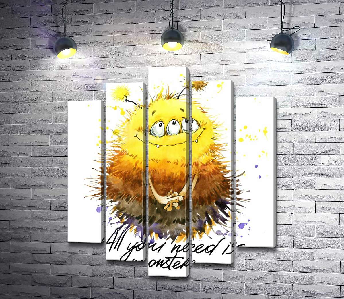 модульная картина Застенчивый пушистый монстр с надписью "all you need is monster" (Модуль №4)