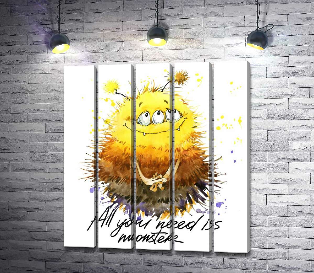 модульная картина Застенчивый пушистый монстр с надписью "all you need is monster" (Модуль №26)