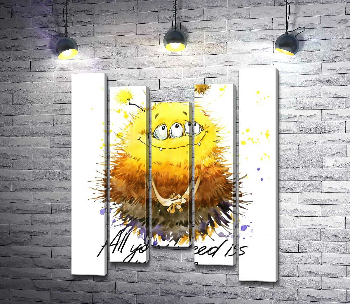 модульная картина Застенчивый пушистый монстр с надписью "all you need is monster" (Модуль №27)