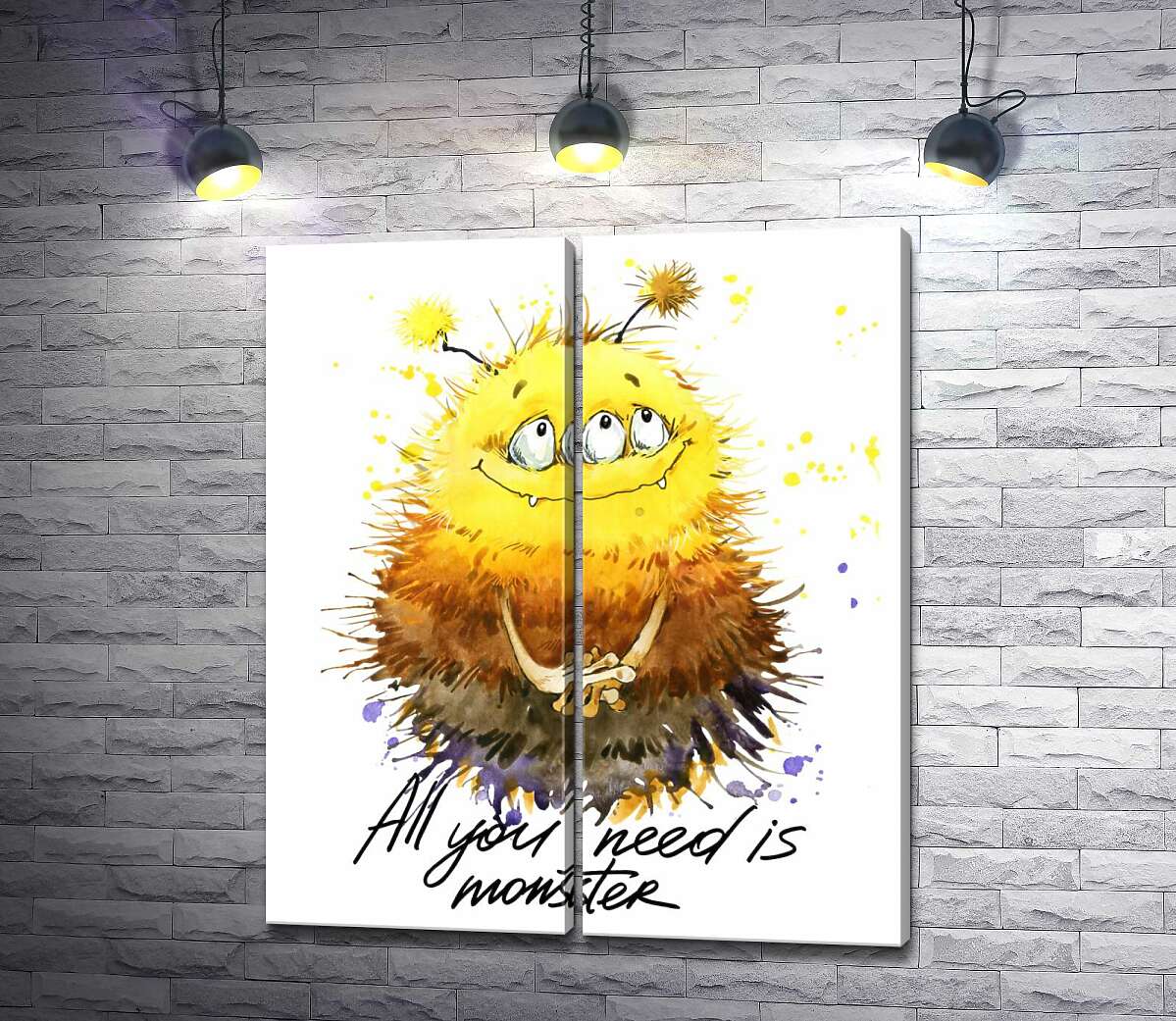 модульная картина Застенчивый пушистый монстр с надписью "all you need is monster" (Модуль №6)