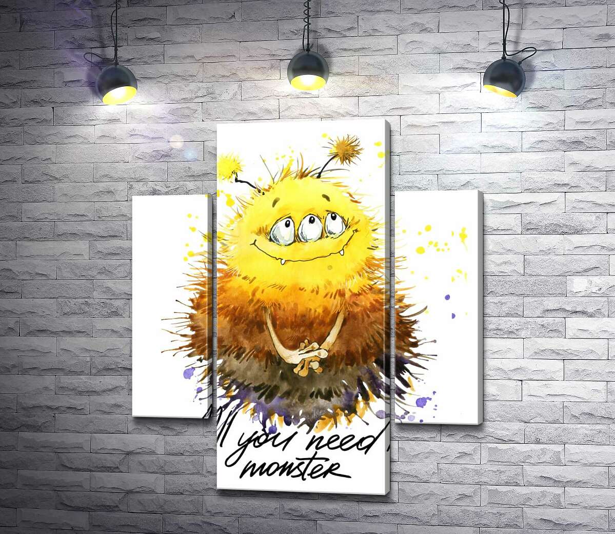 модульна картина Сором'язливий пухнастий монстр із написом "all you need is monster" (Модуль №5)