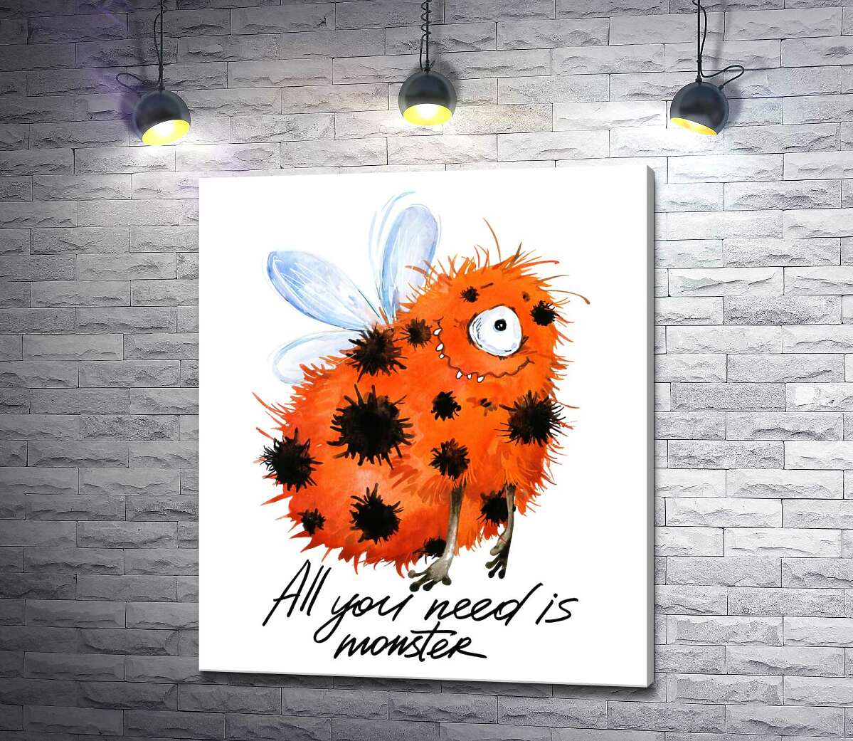 картина Червоний плямистий монстр із крилами та написом "all you need is monster"