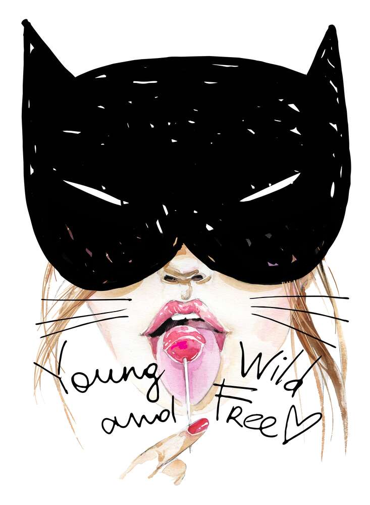 картина-постер Девушка в маске кота лижет леденец среди надписи "young wild and free"