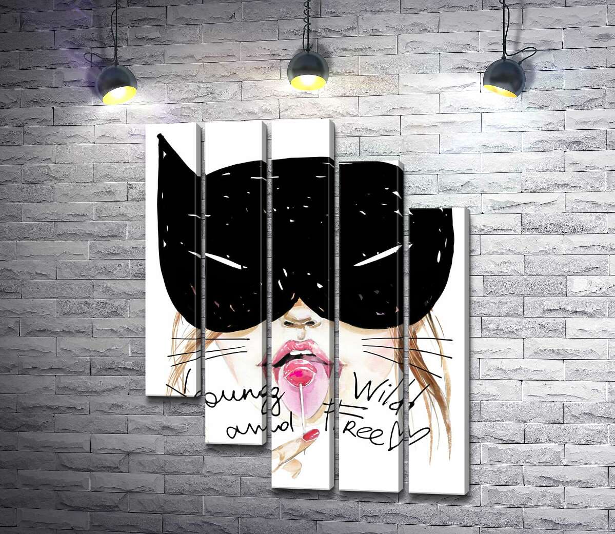 модульна картина Дівчина в масці кота лиже льодяник серед напису "young wild and free" (Модуль №28)