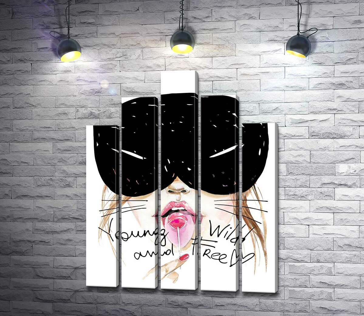 модульна картина Дівчина в масці кота лиже льодяник серед напису "young wild and free" (Модуль №29)