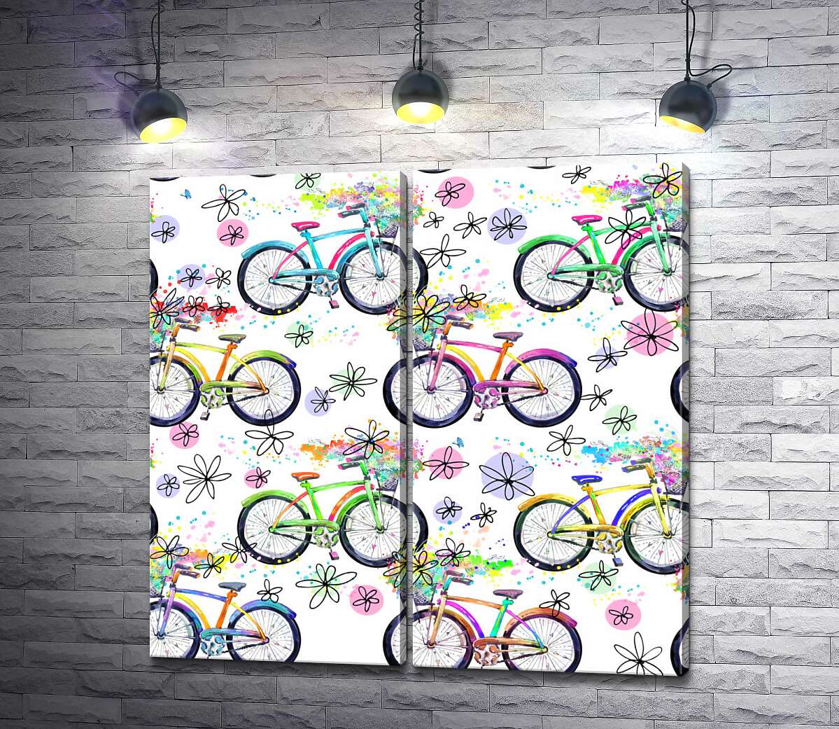 модульная картина Цветочный узор с велосипедами