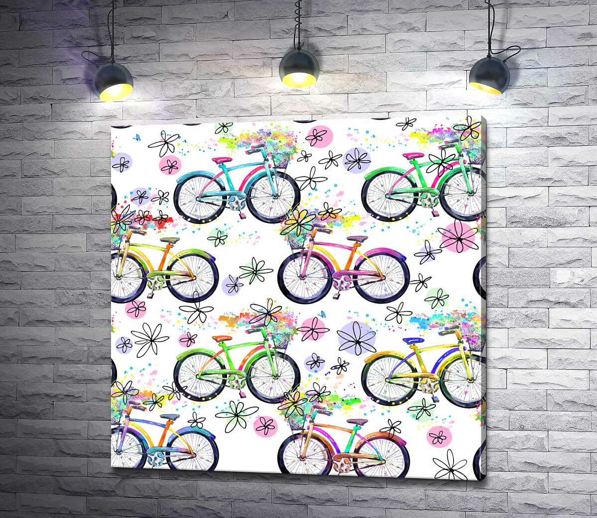 картина Цветочный узор с велосипедами