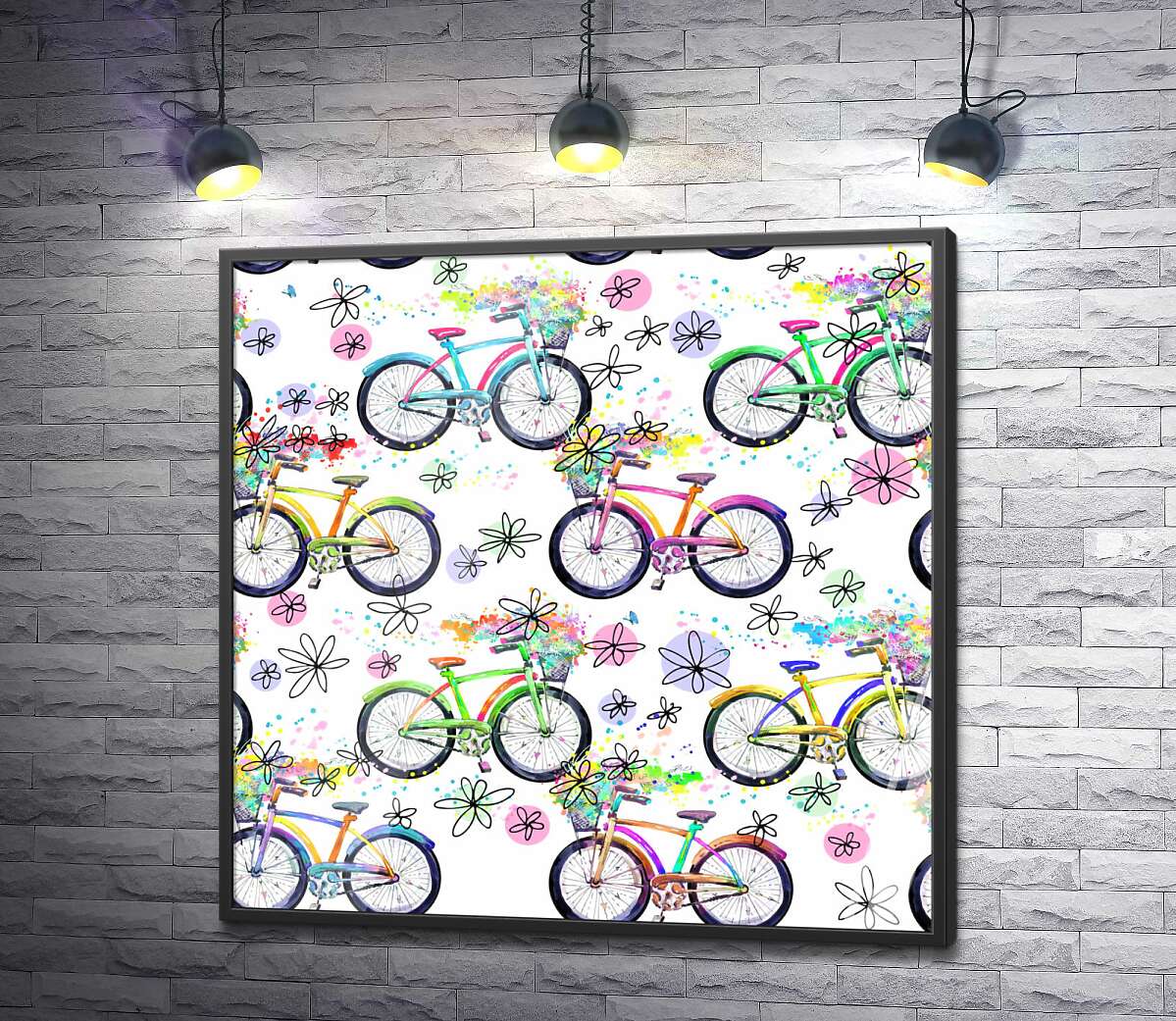 постер Цветочный узор с велосипедами